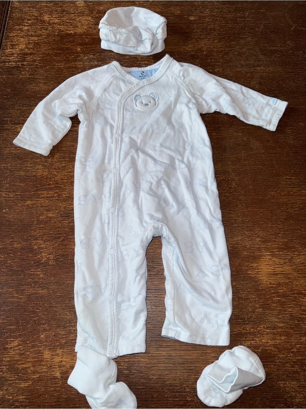 EUC Absorba baby 3 piece light blue outfit with hat & booties size 6-9 months